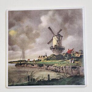 Vintage Windmill Scene Tile Coaster Made In Germany